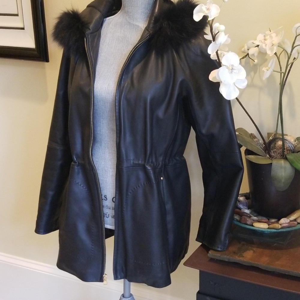 Ellen Tracy leather fur trim hooded coat